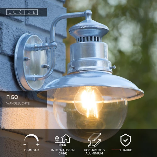 Lucide FIGO - Wandleuchte Innen/Außen - Ø 21,5 cm - 1xE27 - IP44 - Zink - USP